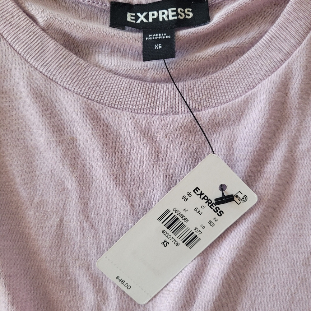 NWT Express Skimming Linen-Blend Crew Neck Flutter Sleeve Tee - Lavender - Picture 3 of 4